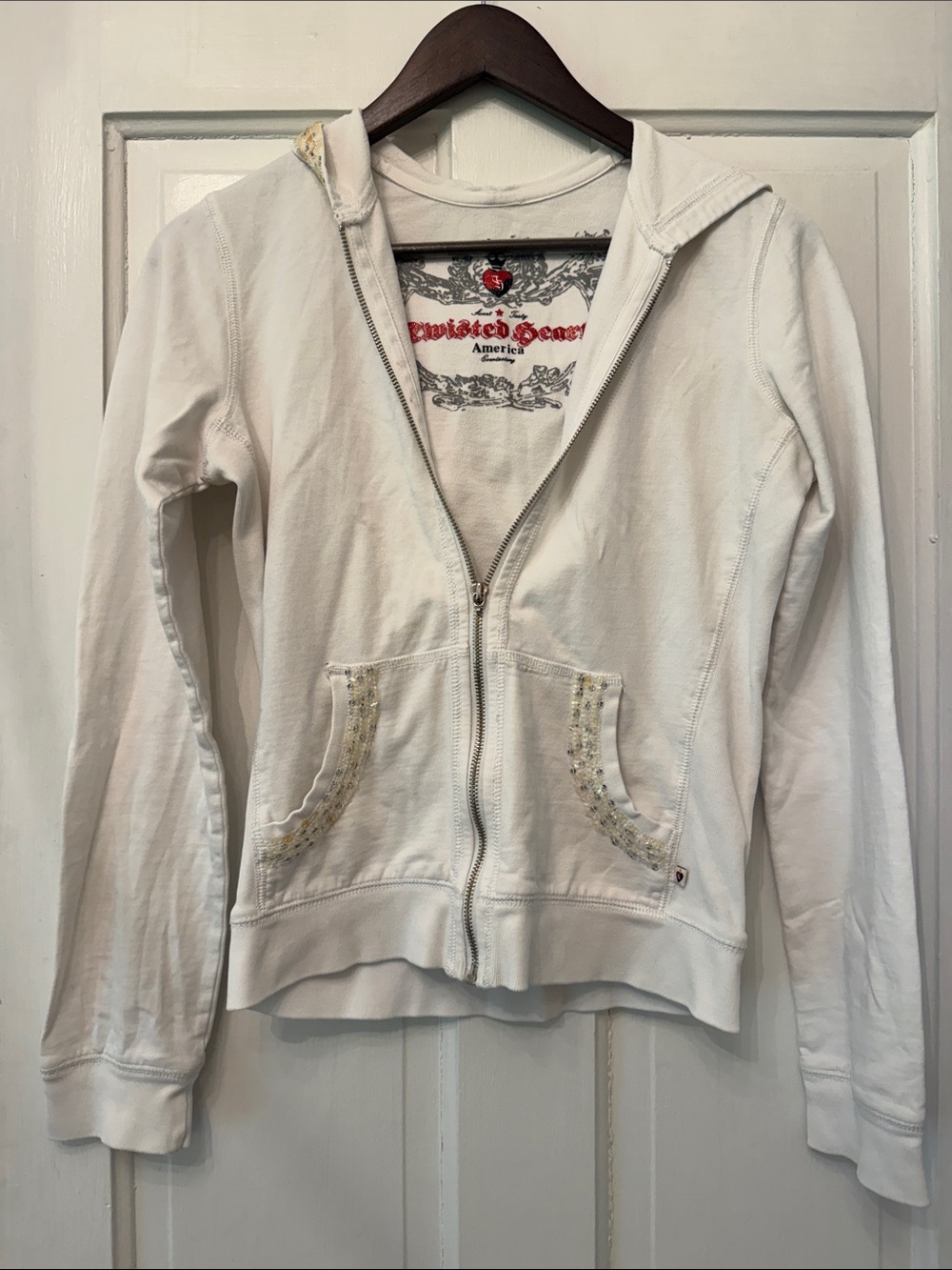 White Zip-Up Hoodie with Embellished Pockets